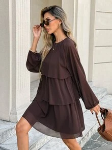 Serisse 女款棕色優雅百褶多層抓皺長袖洋裝，適合秋季、派對休閒穿著 - 棕色 - 查看 8