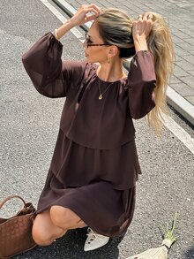 Serisse 女款棕色優雅百褶多層抓皺長袖洋裝，適合秋季、派對休閒穿著 - 棕色 - 查看 5