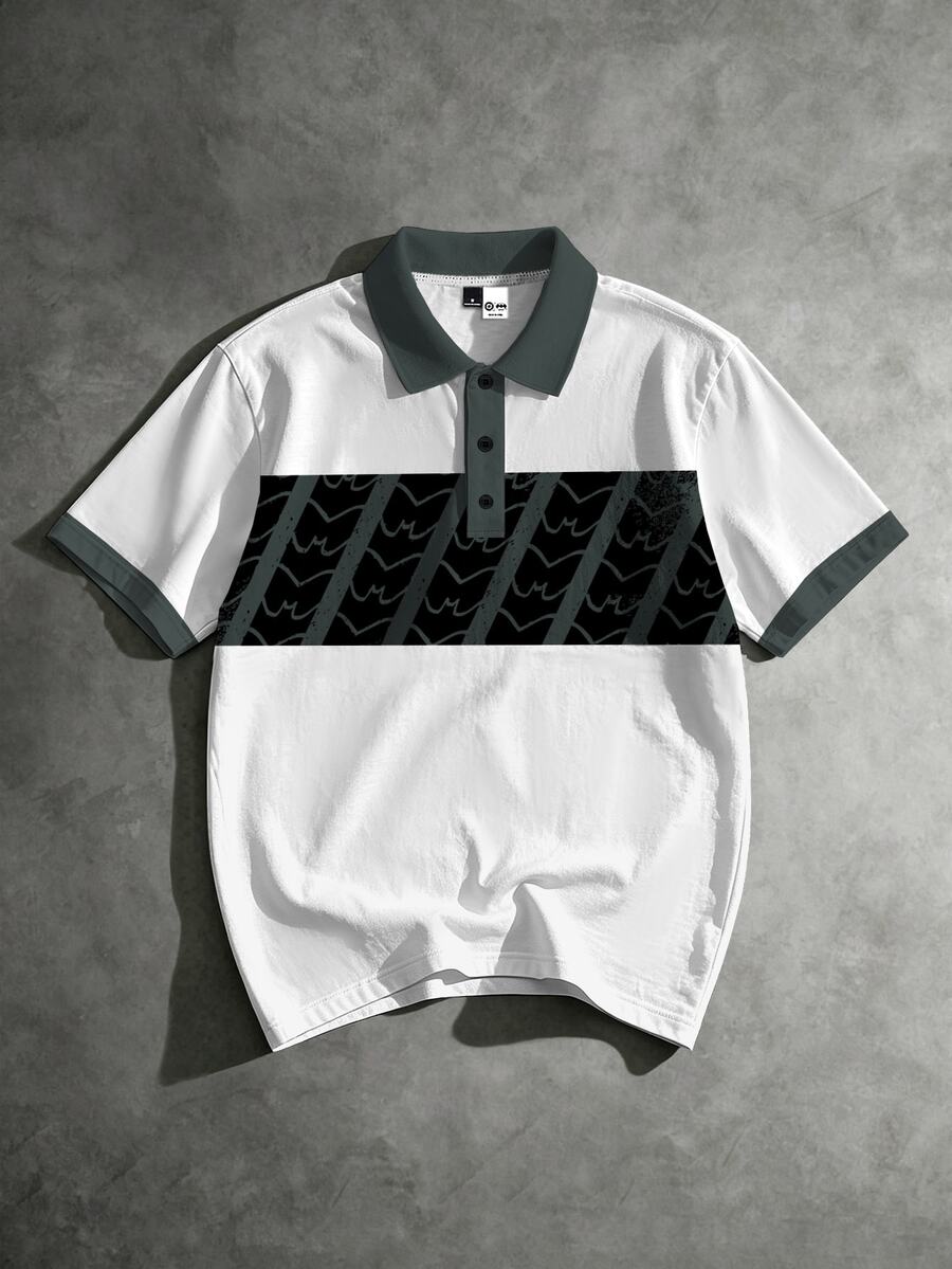 BATMAN X SHEIN Manfinity EMRG 男士深色波浪印花撞色短袖 Polo 衫 - 彩色 - 查看 1