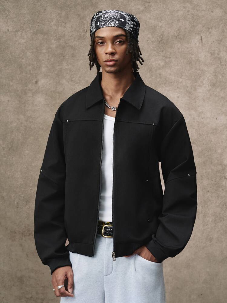 PAVTROS Men's Fashion Versatile Studded Workwear Jacket - Black - View 4