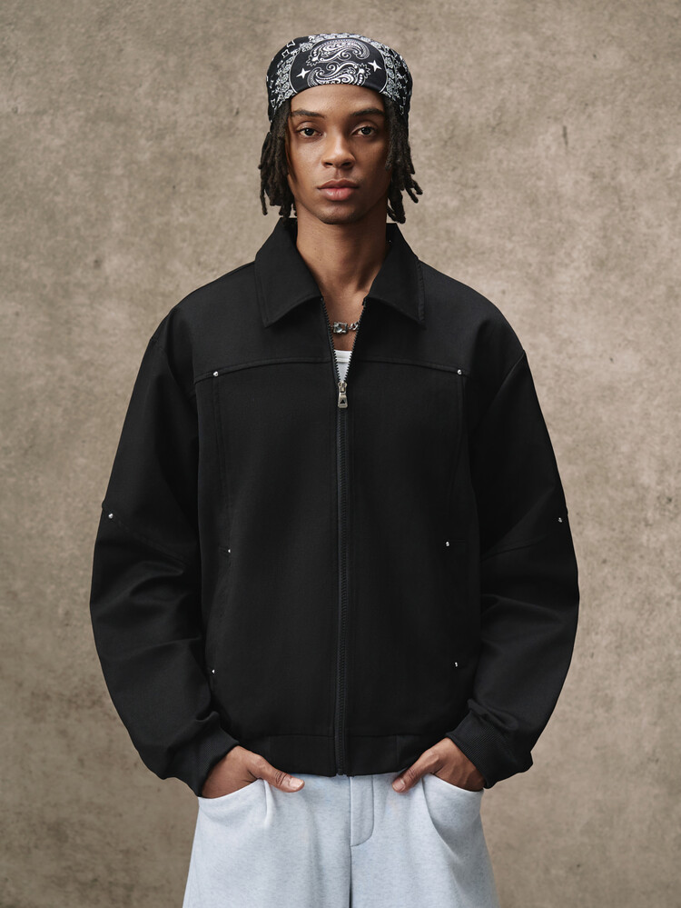 PAVTROS Men's Fashion Versatile Studded Workwear Jacket - Black - View 3
