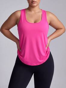 SHEIN Velisys Women's Plus Size Solid Color Sports Tank Top - Hot Pink - View 3