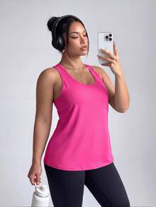 SHEIN Velisys Women's Plus Size Solid Color Sports Tank Top - Hot Pink - View 4