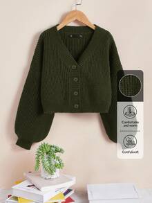 SHEIN Essnce Plus Size Women's Solid Color Drop Shoulder Long Sleeve Single-Breasted Casual Cardigan In Fall/Winter - Army Green - View 5