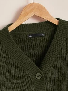 SHEIN Essnce Plus Size Women's Solid Color Drop Shoulder Long Sleeve Single-Breasted Casual Cardigan In Fall/Winter - Army Green - View 3