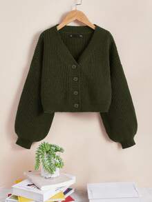 SHEIN Essnce Plus Size Women's Solid Color Drop Shoulder Long Sleeve Single-Breasted Casual Cardigan In Fall/Winter - Army Green - View 4
