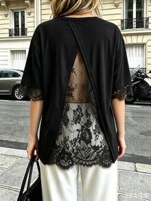 Pariaura Women's New Hollow Back Lace Patchwork Casual Short Sleeve Top - Black - View 5