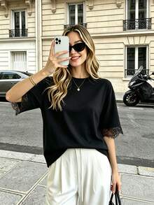 Pariaura Women's New Hollow Back Lace Patchwork Casual Short Sleeve Top - Black - View 4