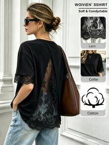 Pariaura Women's New Hollow Back Lace Patchwork Casual Short Sleeve Top - Black - View 2