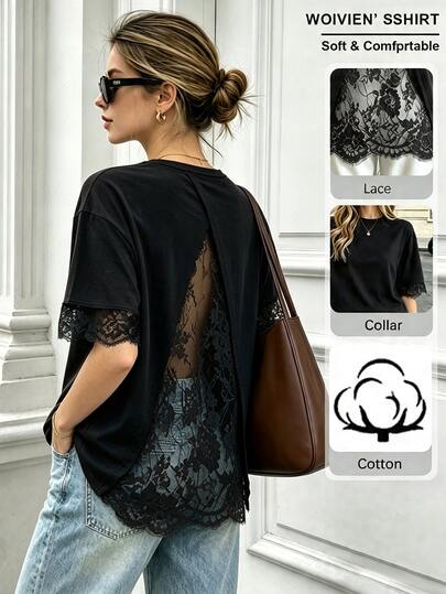 Pariaura Women's New Hollow Back Lace Patchwork Casual Short Sleeve Top