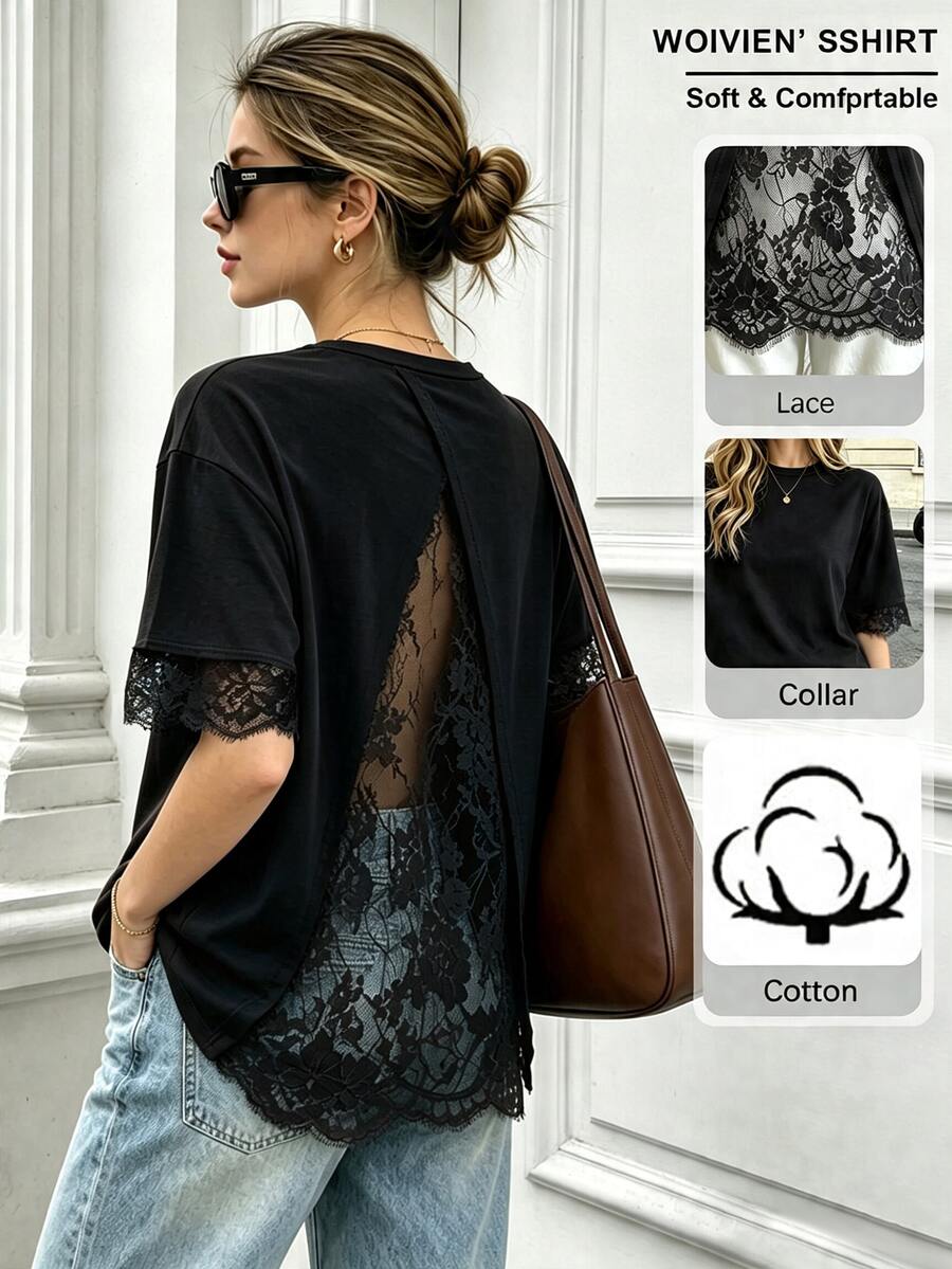 Pariaura Women's New Hollow Back Lace Patchwork Casual Short Sleeve Top