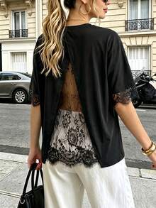 Pariaura Women's New Hollow Back Lace Patchwork Casual Short Sleeve Top - Black - View 6