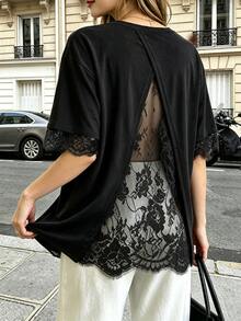 Pariaura Women's New Hollow Back Lace Patchwork Casual Short Sleeve Top - Black - View 3