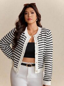 Elaquor Plus Size Women Casual Commuter Striped Pattern Faux Pearl Button Cardigan In Fall/Winter - Black and White - View 4