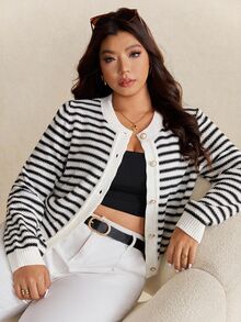 Elaquor Plus Size Women Casual Commuter Striped Pattern Faux Pearl Button Cardigan In Fall/Winter - Black and White - View 2