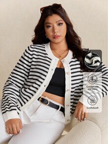 Elaquor Plus Size Women Casual Commuter Striped Pattern Faux Pearl Button Cardigan In Fall/Winter - Black and White - View 5