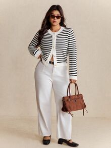 Elaquor Plus Size Women Casual Commuter Striped Pattern Faux Pearl Button Cardigan In Fall/Winter - Black and White - View 10
