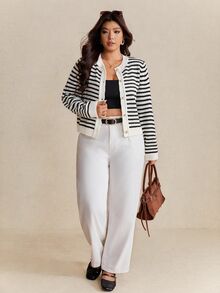 Elaquor Plus Size Women Casual Commuter Striped Pattern Faux Pearl Button Cardigan In Fall/Winter - Black and White - View 7
