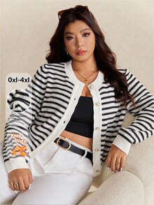 Elaquor Plus Size Women Casual Commuter Striped Pattern Faux Pearl Button Cardigan In Fall/Winter - Black and White - View 9