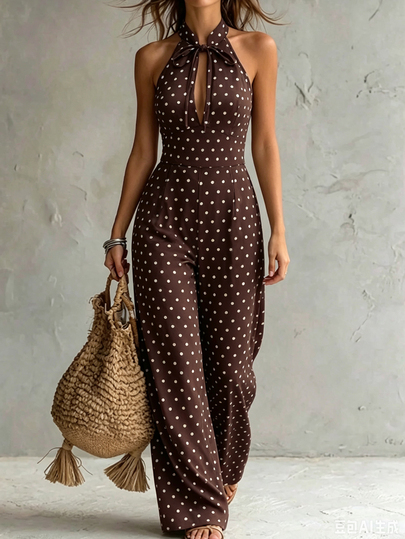 SHEIN PariChic Women's Stand Collar Tie Neck New Chinese Style Brown And White Polka Dot Elastic Drawstring Waist A-Lined Halter Jumpsuit French Retro Vintage
