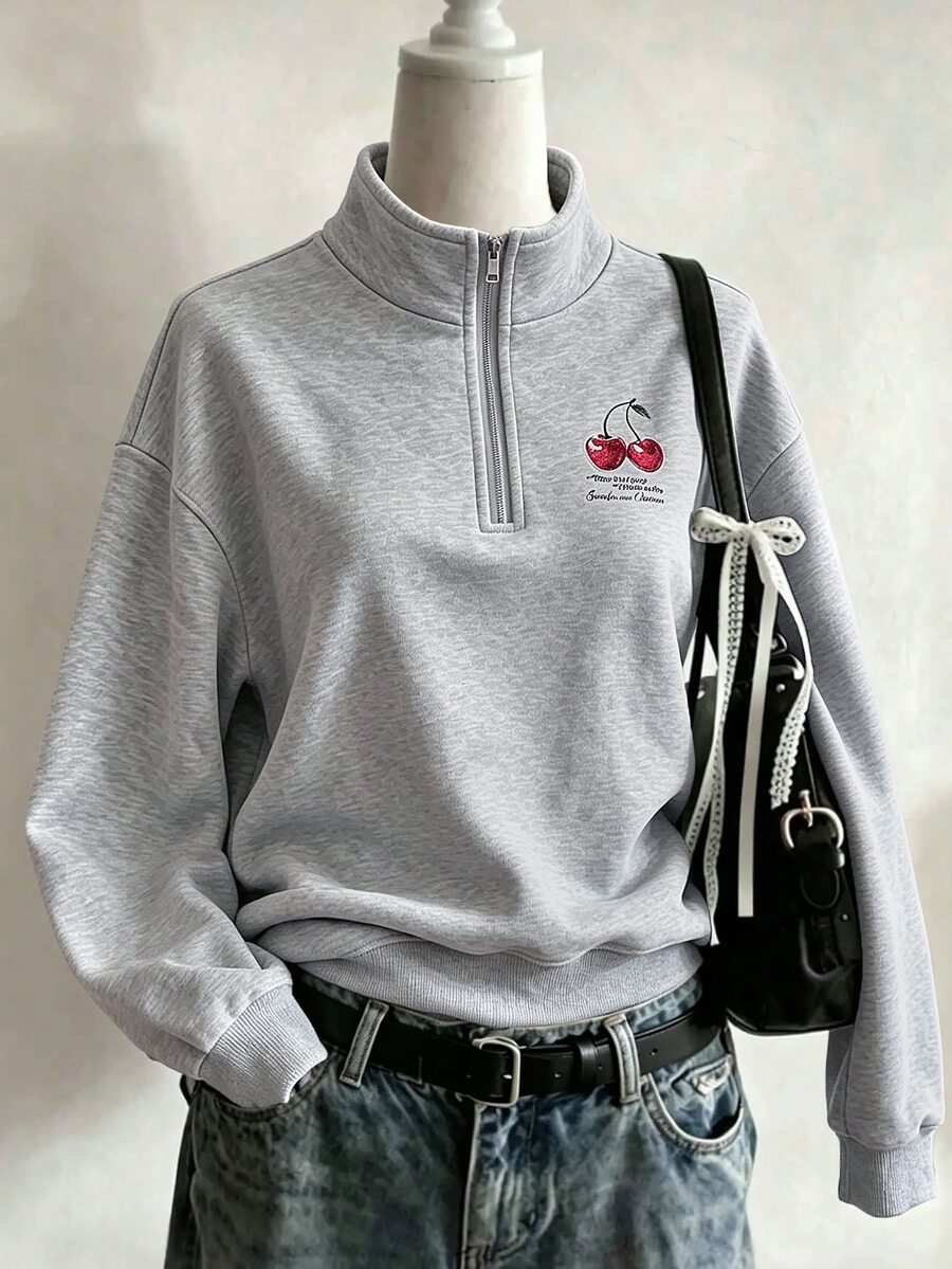 Resyla Women's Slogan Cherry Print Long Sleeve Casual Loose Sweatshirt - Light Grey - View 1