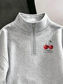 Resyla Women's Slogan Cherry Print Long Sleeve Casual Loose Sweatshirt - Light Grey - View 4