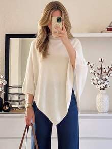 SHEIN PariChic Atasan Rajut Model Cape Warna Polos untuk Wanita, Cocok untuk Perjalanan, Brunch, Pesta Teh, dan Acara Santai Musim Gugur - Aprikot - View 6