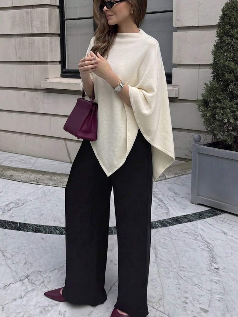 SHEIN PariChic Atasan Rajut Model Cape Warna Polos untuk Wanita, Cocok untuk Perjalanan, Brunch, Pesta Teh, dan Acara Santai Musim Gugur