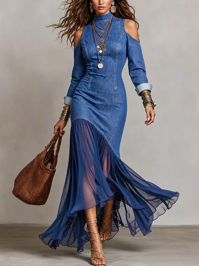 SHEIN Vestido largo ajustado de sirena para mujer con cuello alto, hombros descubiertos, estampado efecto denim, patchwork, efecto arrugado y bajo asimétrico
