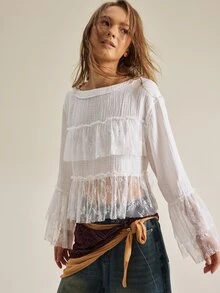 SHEIN Women's Bohemian Floral Mesh Ruffle Trim Short Long Sleeve Cover-Up, Gentle Textured Loose Bell Sleeve Lace Cover Up - White - View 6