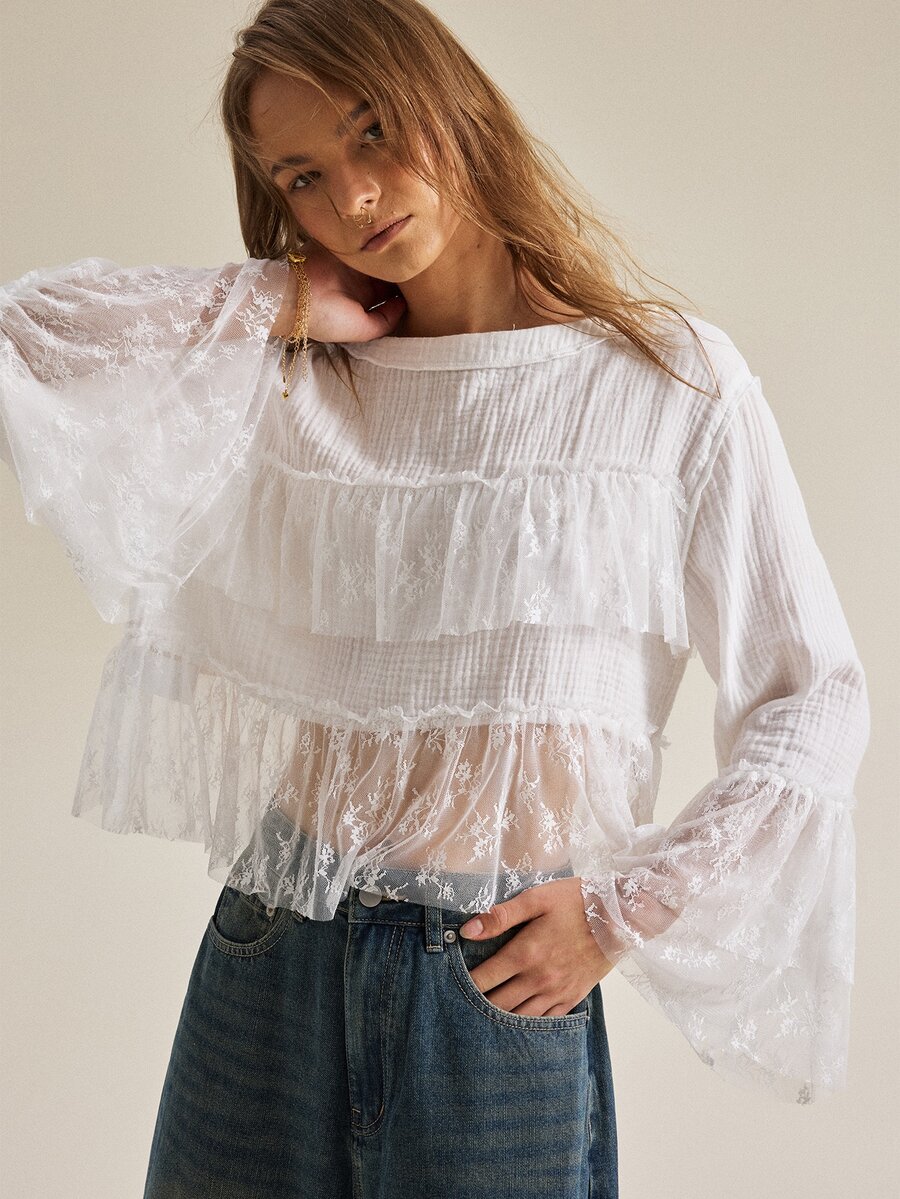 SHEIN Women's Bohemian Floral Mesh Ruffle Trim Short Long Sleeve Cover-Up, Gentle Textured Loose Bell Sleeve Lace Cover Up - White - View 1