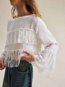 SHEIN Women's Bohemian Floral Mesh Ruffle Trim Short Long Sleeve Cover-Up, Gentle Textured Loose Bell Sleeve Lace Cover Up - White - View 4