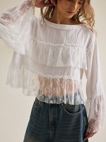 SHEIN Women's Bohemian Floral Mesh Ruffle Trim Short Long Sleeve Cover-Up, Gentle Textured Loose Bell Sleeve Lace Cover Up - White - View 5