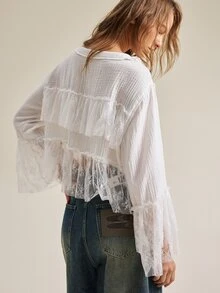 SHEIN Women's Bohemian Floral Mesh Ruffle Trim Short Long Sleeve Cover-Up, Gentle Textured Loose Bell Sleeve Lace Cover Up - White - View 2