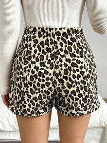 SHEIN Franclia Leopard Print Ribbed Trim Button Skort - Multicolor - View 4