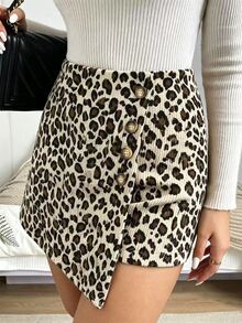 SHEIN Franclia Leopard Print Ribbed Trim Button Skort - Multicolor - View 2