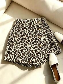 SHEIN Franclia Leopard Print Ribbed Trim Button Skort - Multicolor - View 1