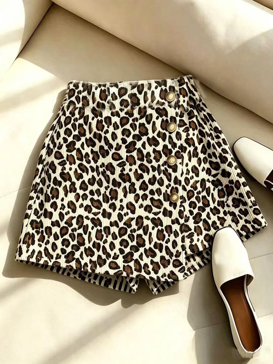 SHEIN Franclia Leopard Print Ribbed Trim Button Skort - Multicolor - View 1