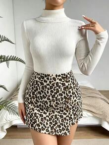 SHEIN Franclia Leopard Print Ribbed Trim Button Skort - Multicolor - View 7