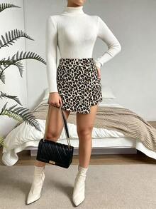 SHEIN Franclia Leopard Print Ribbed Trim Button Skort - Multicolor - View 5