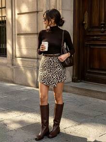 SHEIN Franclia Leopard Print Ribbed Trim Button Skort - Multicolor - View 3