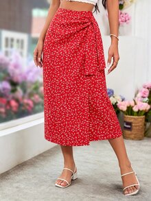 SHEIN x Tata & Beatriz SHEIN LUNE 女款法式浪漫紅白配色一體式高腰開衩綁帶抓皺不對稱貼身裙，適合花園派對、約會、度假、假期、秋季 - 酒紅色 - 查看 7