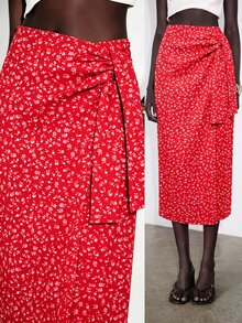 SHEIN x Tata & Beatriz SHEIN LUNE 女款法式浪漫紅白配色一體式高腰開衩綁帶抓皺不對稱貼身裙，適合花園派對、約會、度假、假期、秋季 - 酒紅色 - 查看 6