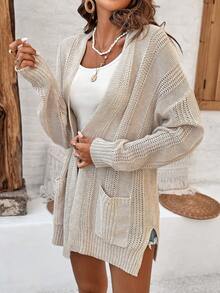 Franclia Women's Solid Color Drop Shoulder Cardigan With Double Pockets, Open Front Fall Winter Cloth For Women - Apricot - View 6