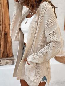 Franclia Women's Solid Color Drop Shoulder Cardigan With Double Pockets, Open Front Fall Winter Cloth For Women - Apricot - View 7