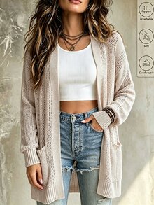 Franclia Women's Solid Color Drop Shoulder Cardigan With Double Pockets, Open Front Fall Winter Cloth For Women - Apricot - View 3