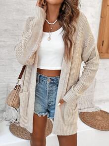 Franclia Women's Solid Color Drop Shoulder Cardigan With Double Pockets, Open Front Fall Winter Cloth For Women - Apricot - View 5