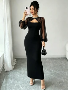 SHEIN Raffinéa 女款黑色重工亮片裝飾網紗披肩 + 細肩帶修身貼身晚禮服長洋裝 - 黑色 - 查看 5
