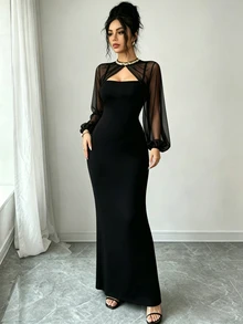 SHEIN Raffinéa 女款黑色重工亮片裝飾網紗披肩 + 細肩帶修身貼身晚禮服長洋裝 - 黑色 - 查看 4