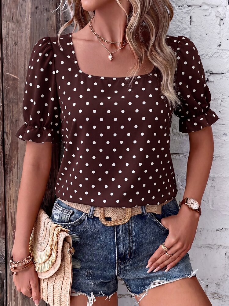 SHEIN Women's Woven Brown And White Polka Dot Square Neck Frill Trim Short Sleeve Casual French Vintage Elegant Summer Blouse Vacation Vacation Work Brunch - Brown - View 5